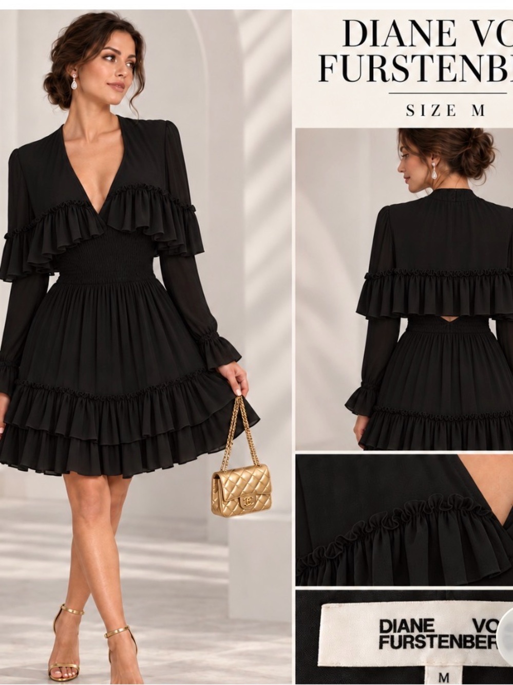 Diane Von Furstenberg Black Ruffled V-Neck Tiered Dress